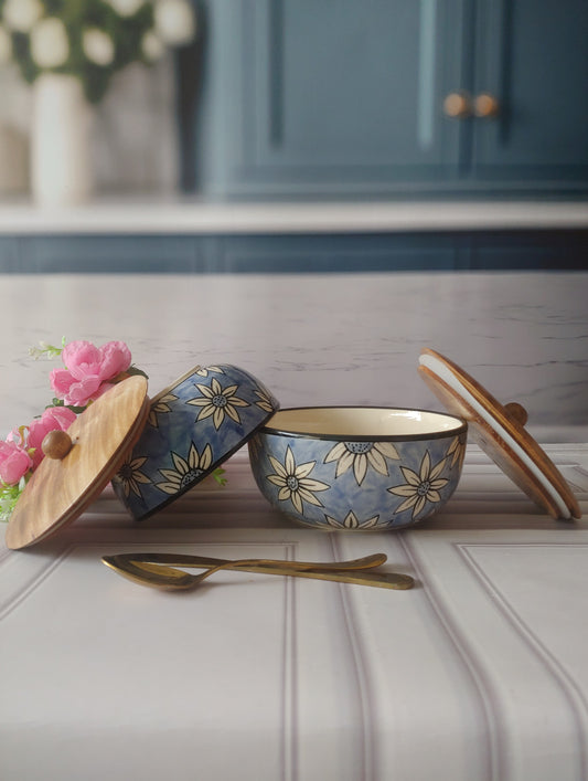 Sunflower Bloom Designer Ceramic Serving Bowls with wooden lid