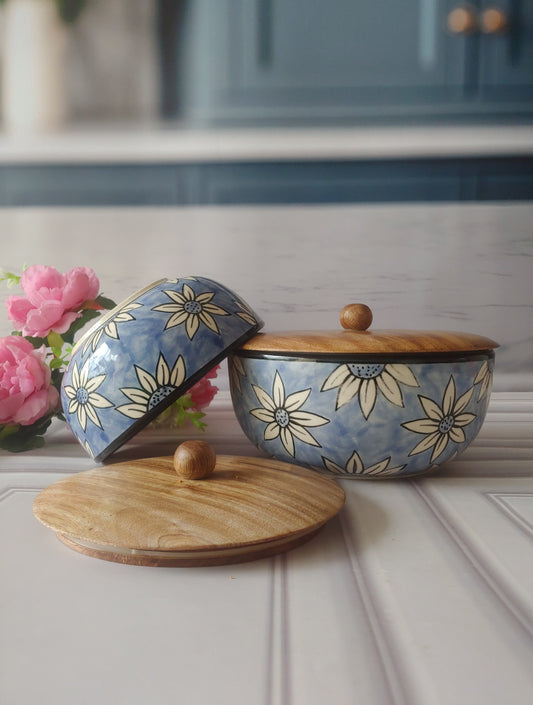 Sunflower Bloom Designer Ceramic Serving Bowls with wooden lid