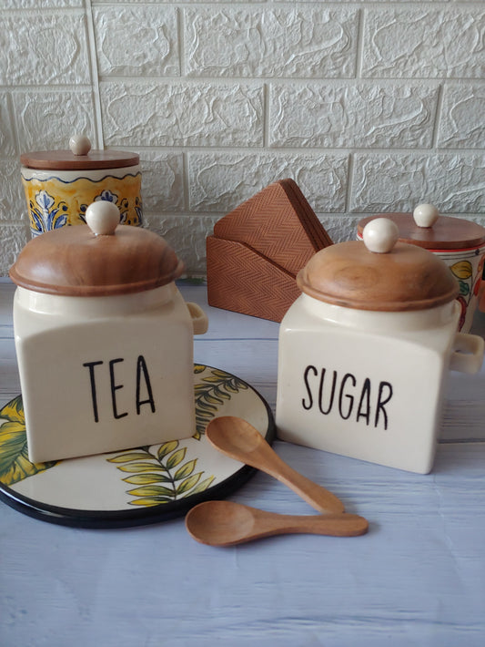 Ivory Square Solid  Tea Coffee Sugar Ceramic Canisters 500 ml