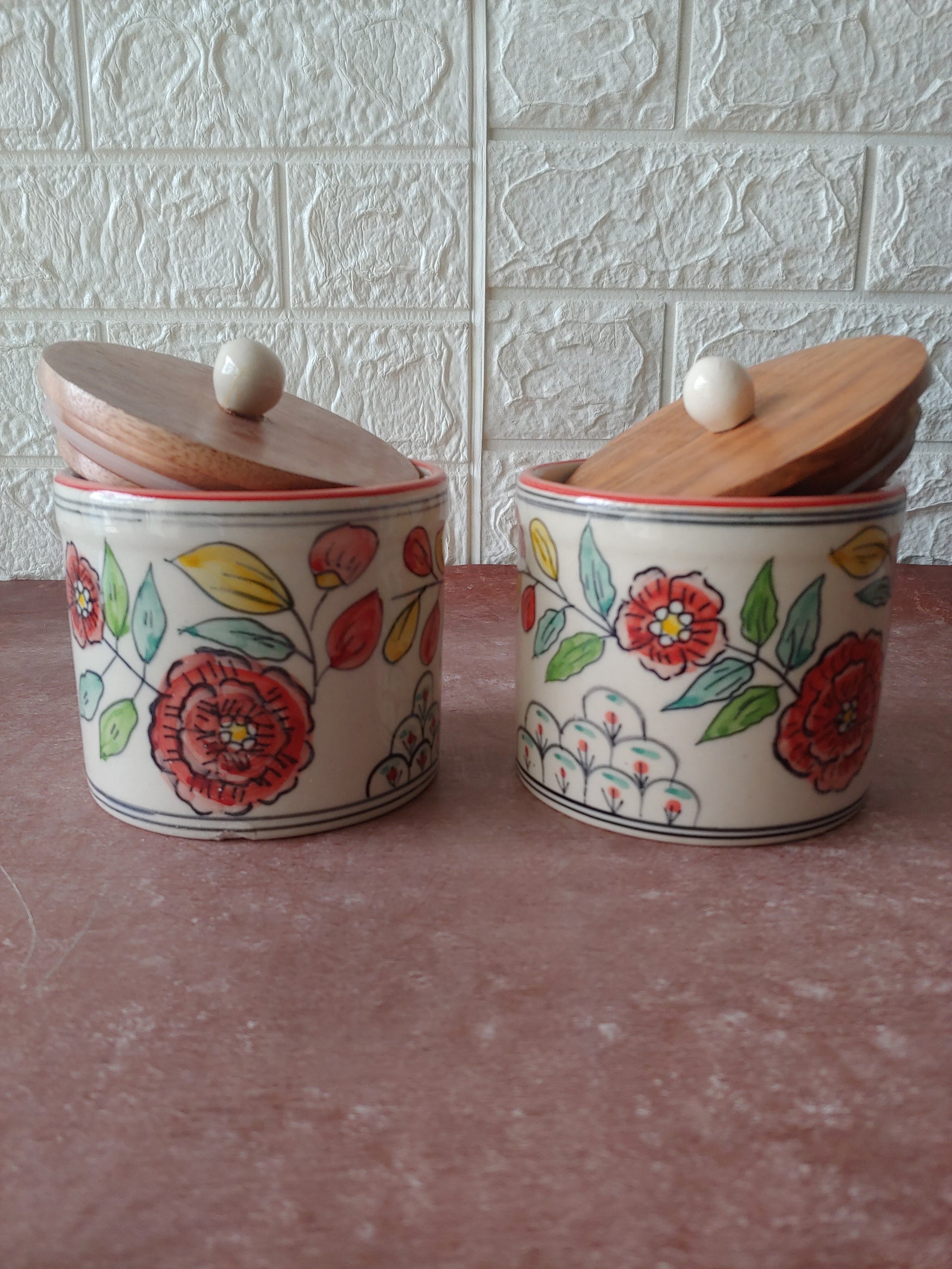 Hand Painted  Floral Ceramic Jars With Wooden Lids Set Of 2 4" half kg
