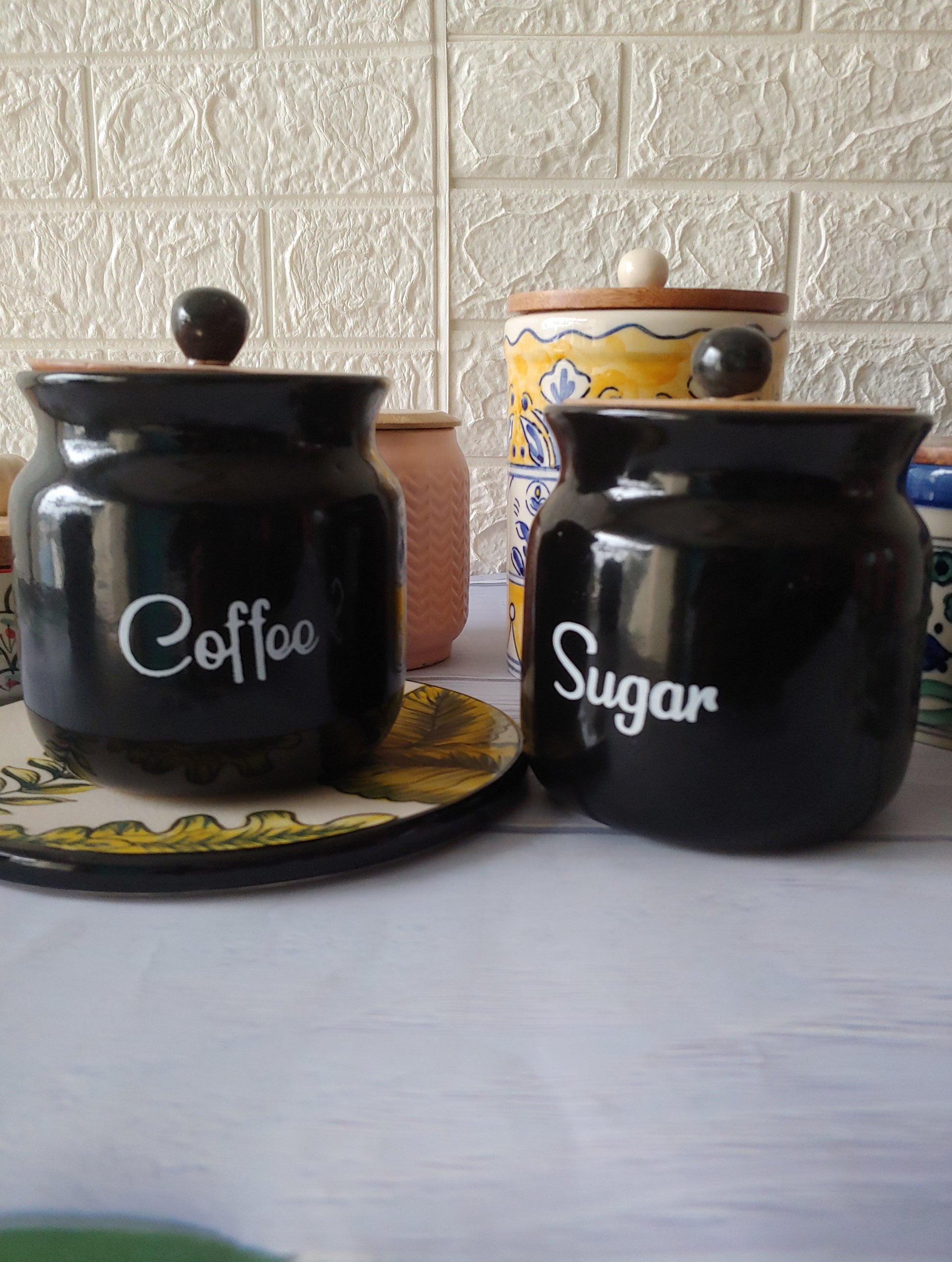 Black Diamond Matka Tea,Coffee, Sugar Solid Ceremic Canisters 500ml