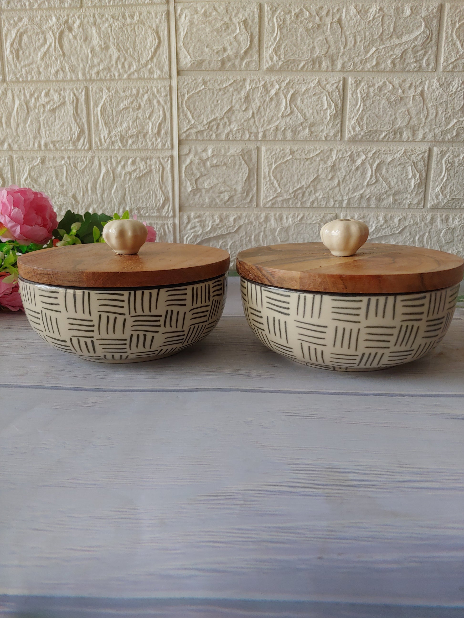 Ceramic Black Round Geometric Set of 2  Small Bowls