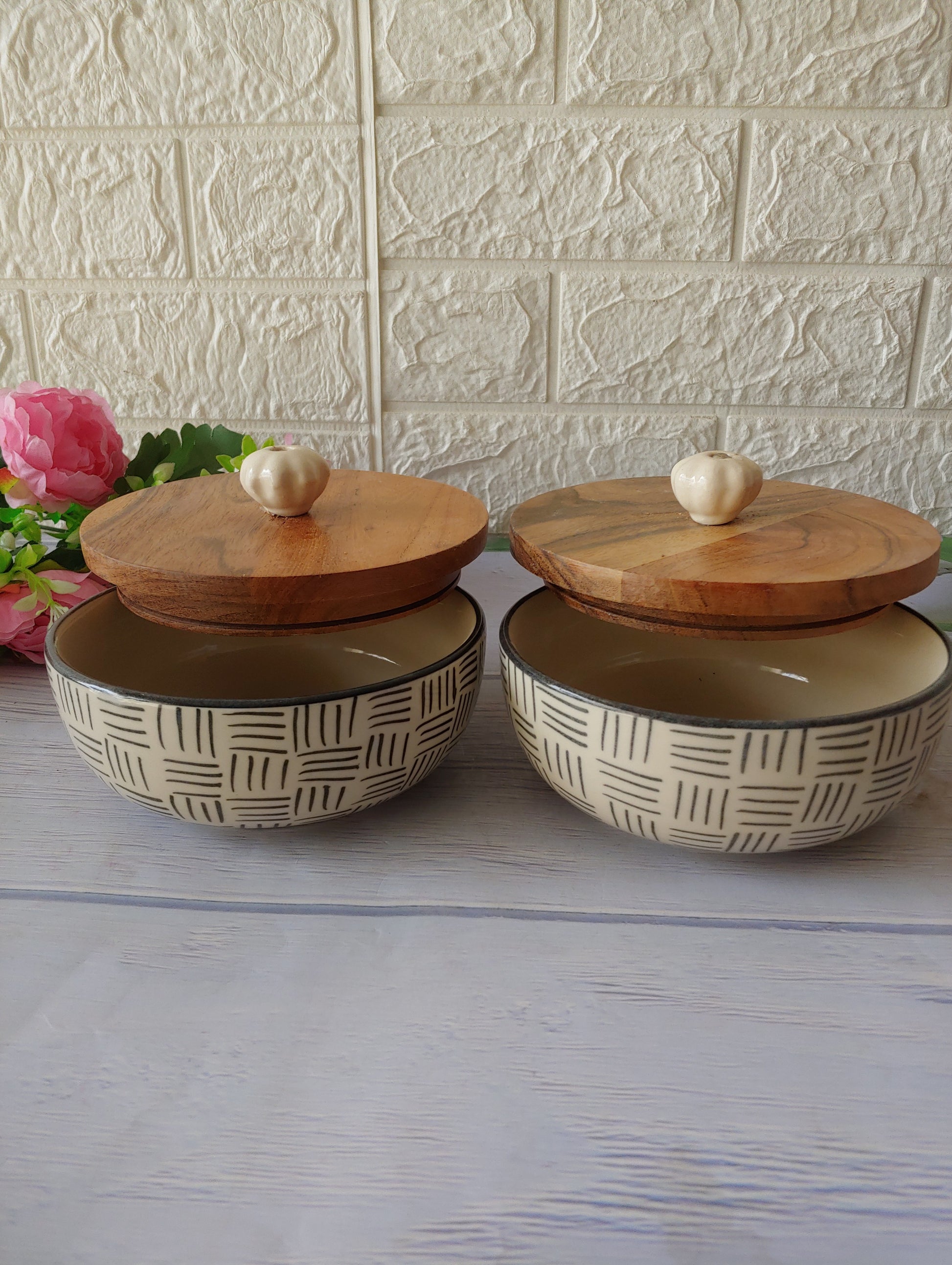 Ceramic Black Round Geometric Set of 2  Small Bowls