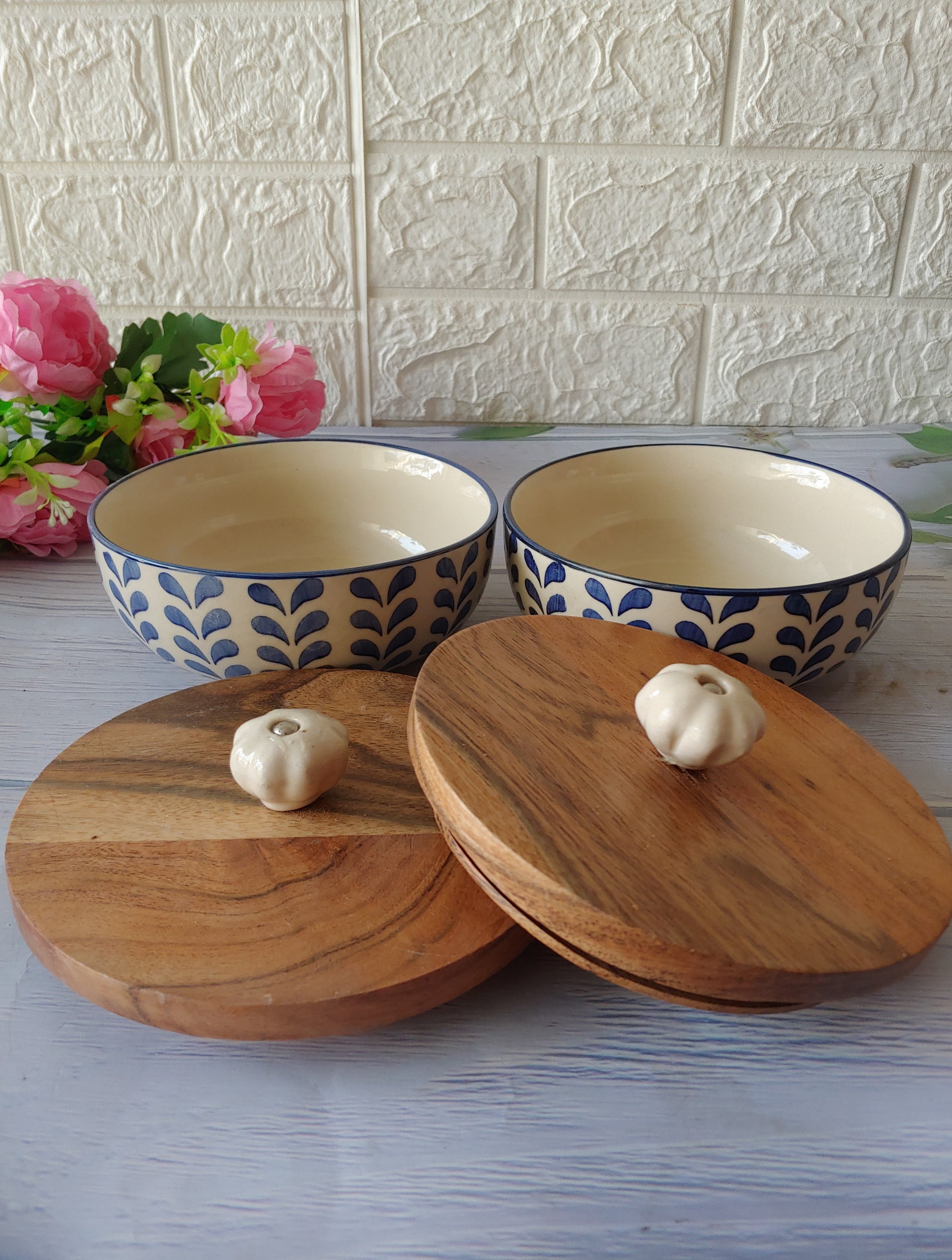 Ceramic Blue  Round Geometric Set of 2  Small Bowls