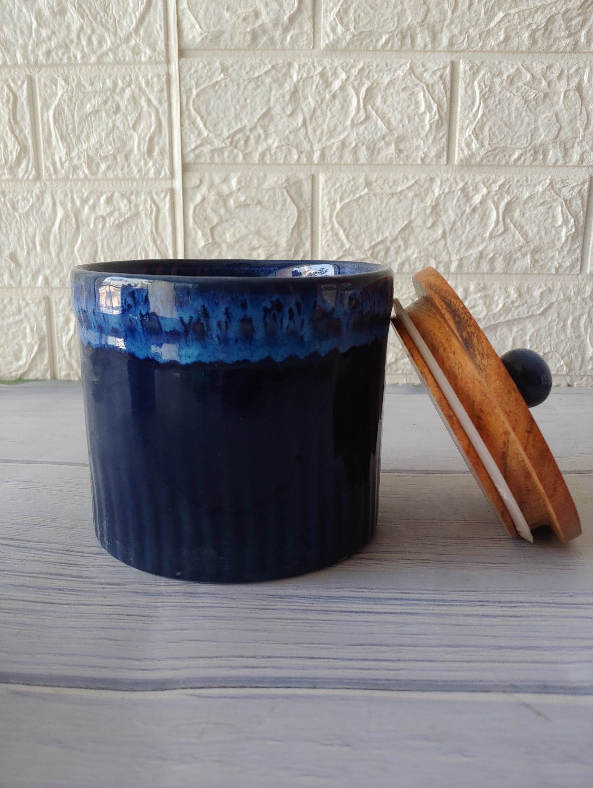 Blue Airtight Ceramic container  with Wodden Lid