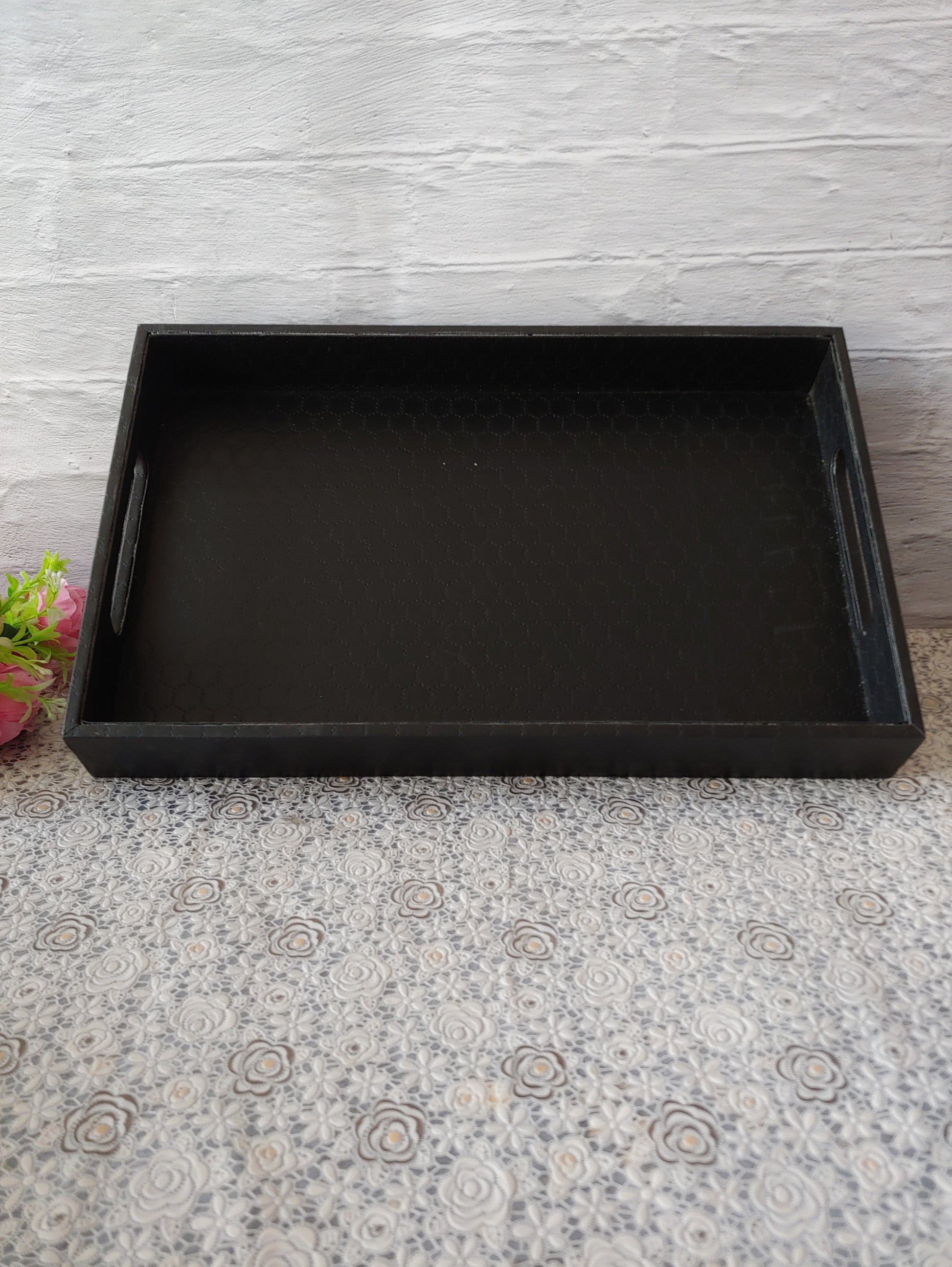 Black Stitched Premium Leather Serving Tray with  handle