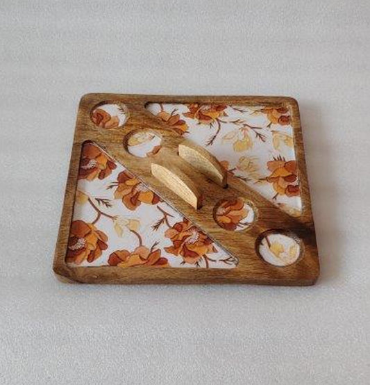 Autumn Square with Napkin holder Wooden Platter - Grey Pottery