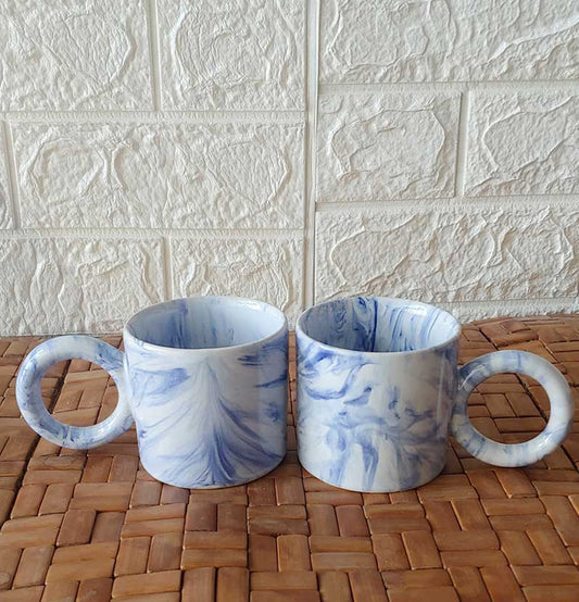Light Blue Round Ceremic Printed Tea Mug 2 - Grey Pottery